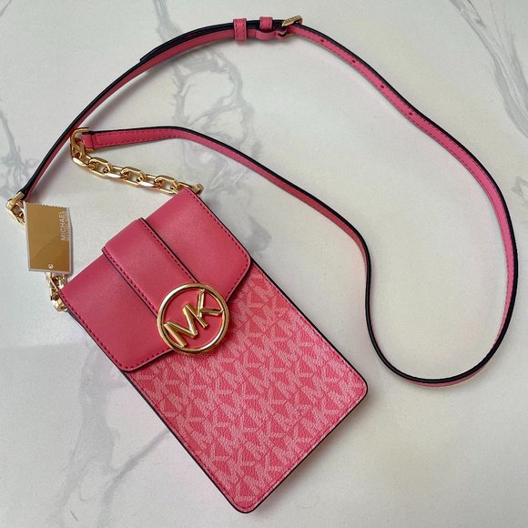 NWT Michael Kors Carmen Small NS Logo Smartphone Crossbody Tea Rose - Picture 2 of 7